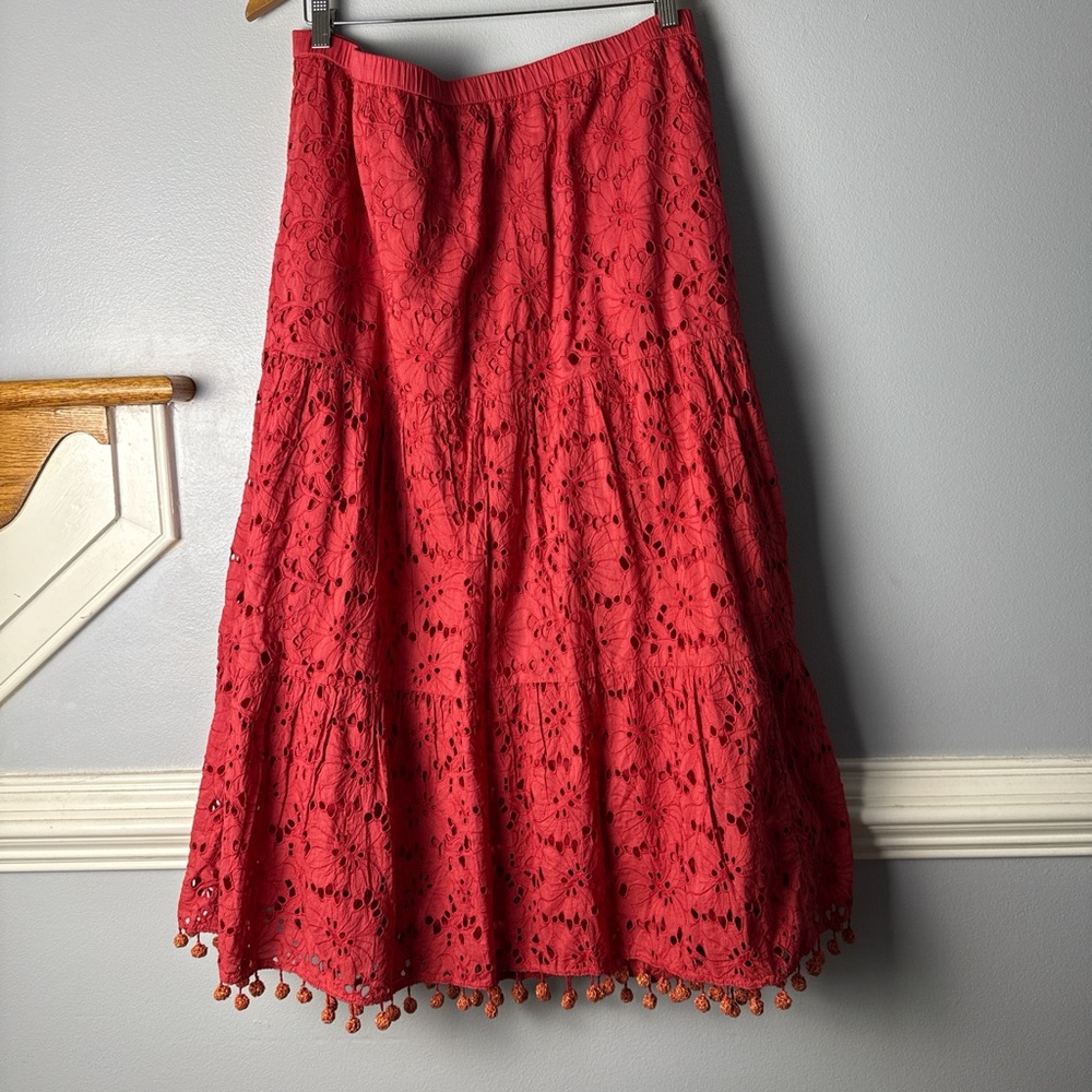 Soft Surroundings Red Lace Maxi Skirt with Pom Trim